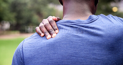 Buy stock photo Shoulder pain, fitness and back of man in nature for training fatigue, accident and muscle strain. Massage, inflammation and sports injury with person outdoor for workout, pressure and tension