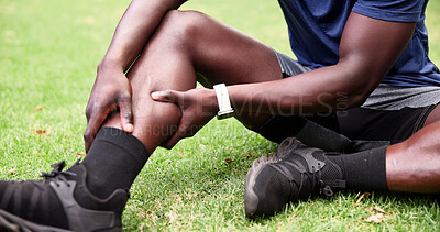 Buy stock photo Park, man and calf pain with hands, fitness and grass field for exercise and workout with muscle tension. Person, athlete and runner with outdoor accident, overworked joint and burnout from training