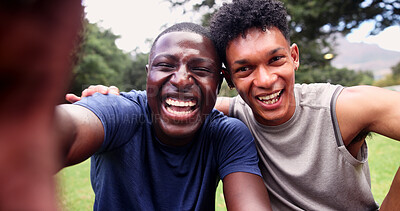 Buy stock photo Fitness, portrait and men at park, selfie or profile picture on social media after physical activity. Outdoor, friends and happy people on workout break, photography and memory on website in nature