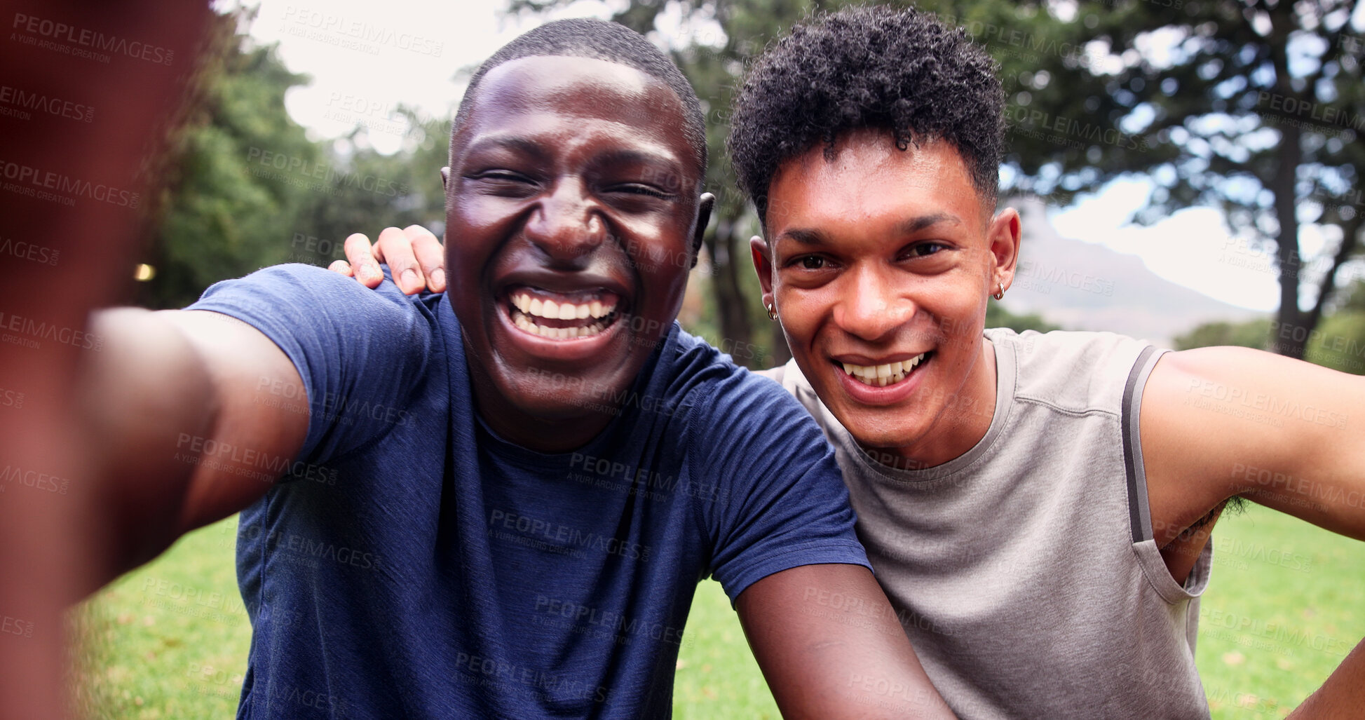 Buy stock photo Exercise, friends and men at park, selfie or profile picture on social media after physical activity. Outdoor, portrait and happy people on workout break, photography and memory on website in nature