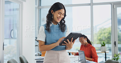 Buy stock photo Office, creative and business woman on tablet for social media review, website and digital marketing. Happy, startup and person on tech for research, planning and project for advertising campaign