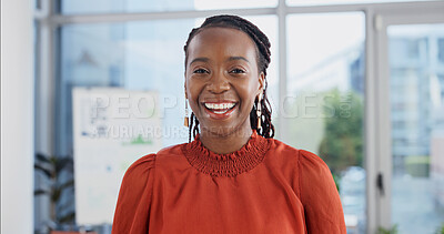 Buy stock photo Happy, professional and portrait of black woman in office with confidence for legal career. Corporate business, smile and attorney with pride for law case, about us or job opportunity in workplace.