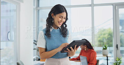 Buy stock photo Happy, creative and woman on tablet for marketing strategy, social media analytics and website traffic. Office, business and person on tech for research, planning and project for advertising campaign