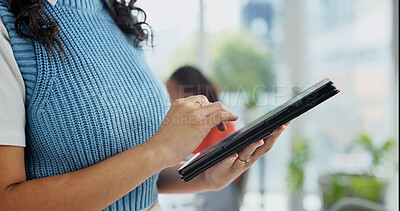 Buy stock photo Office, hands and business woman on tablet for research, online report or internet for digital marketing. Startup, creative and person on tech for website, planning or scroll for advertising campaign