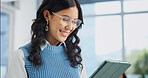 Happy, creative and business woman on tablet for social media review, website and digital marketing. Office, glasses and person on tech for research, planning and project for advertising campaign
