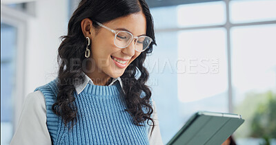 Buy stock photo Happy, creative and business woman on tablet for social media review, website and digital marketing. Office, glasses and person on tech for research, planning and project for advertising campaign