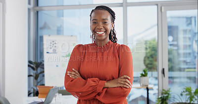 Buy stock photo Happy, crossed arms and portrait of black woman in office with confidence for legal career. Professional, smile and attorney with pride for law case, about us or job opportunity in workplace.