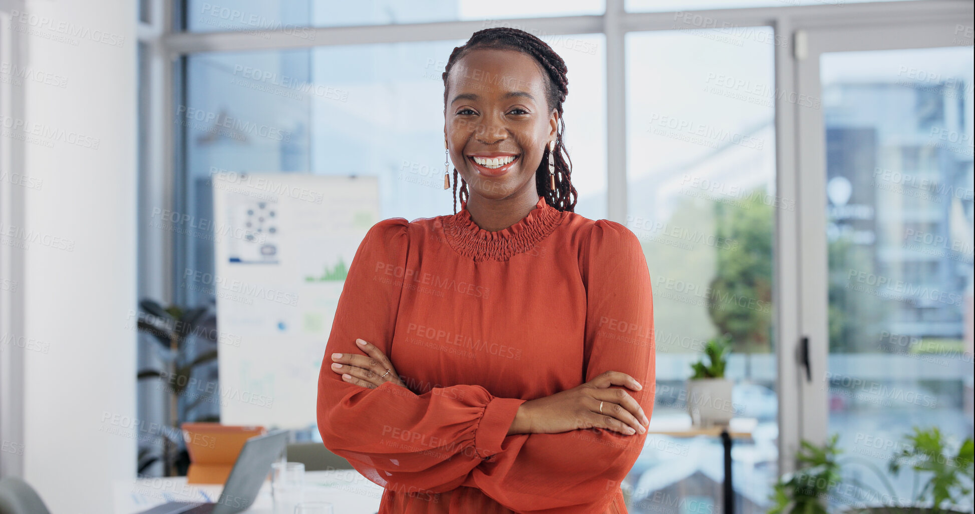 Buy stock photo Happy, crossed arms and portrait of black woman in office with confidence for legal career. Professional, smile and attorney with pride for law case, about us or job opportunity in workplace.