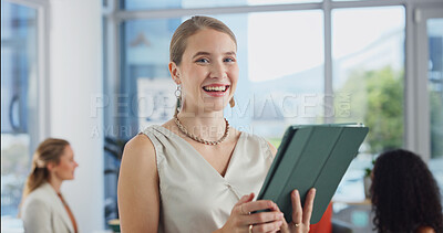 Buy stock photo Tablet, happy and portrait of businesswoman in office with research, communication or email on finance report. Smile, digital technology and financial manager with feedback on investment proposal.