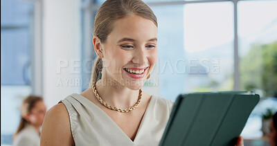 Buy stock photo Happy, business and woman on tablet for online report, financial review and investment profit. Office, smile and person on digital tech for finance proposal, website and research for budget planning