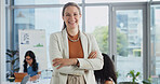 Happy, crossed arms and portrait of businesswoman in meeting at office with confidence for legal career. Business, smile and attorney with pride for law case, about us or job opportunity in workplace