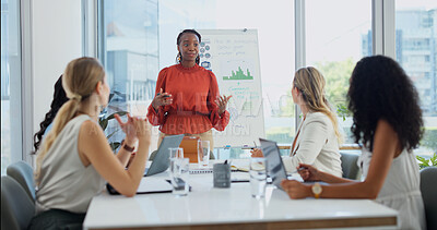 Buy stock photo Presentation, whiteboard and woman with team for meeting, feedback and planning for sales review. Startup, office and people with graphs for marketing report, profit increase or research for campaign