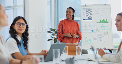 Buy stock photo Presentation, chart and woman with team for meeting, feedback and brainstorming for sales review. Startup, office and people with statistics for marketing, profit increase and planning for campaign