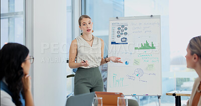 Buy stock photo Talking, graphs and woman with team for meeting, feedback and presentation for sales growth. Startup, office and people with statistics for marketing report, profit increase and planning for campaign