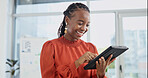 Tablet, smile and black woman in office with research, communication or email update on finance report. Happy, digital technology and financial manager with business feedback on investment proposal.