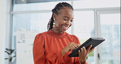 Buy stock photo Tablet, smile and black woman in office with research, communication or email update on finance report. Happy, digital technology and financial manager with business feedback on investment proposal.
