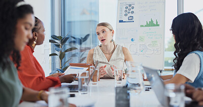 Buy stock photo Meeting, graphs and business women in boardroom for planning, project funding and feedback. Teamwork, startup and people in discussion for marketing, budget review and research for brand campaign
