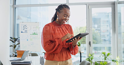 Buy stock photo Tablet, happy and black woman in office with research, communication or email update on finance report. Laugh, digital technology and financial manager with business feedback on investment proposal.