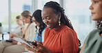 Woman, phone and reading in seminar for business, workshop programme and notes app in row. Employee, tech and happy in company forum for development opportunity, upskill training and information