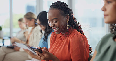 Buy stock photo Woman, phone and reading in seminar for business, workshop programme and notes app in row. Employee, tech and happy in company forum for development opportunity, upskill training and information