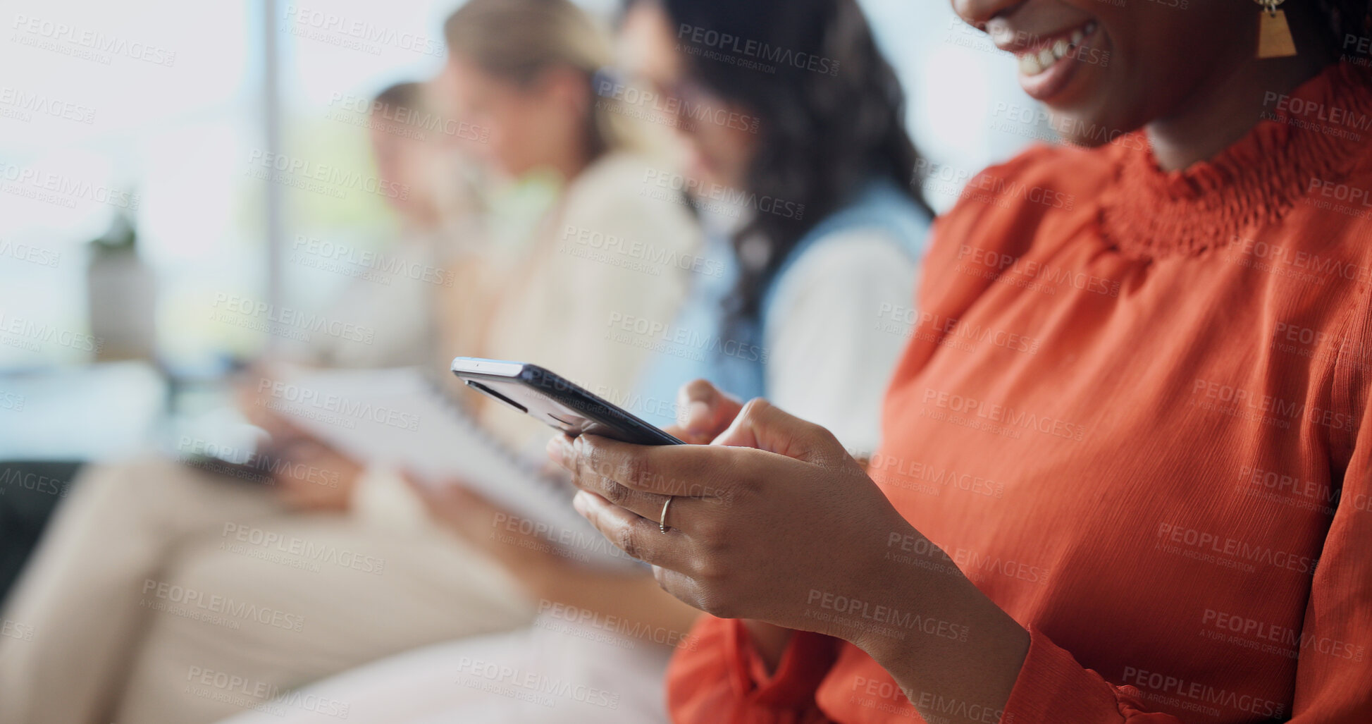 Buy stock photo Woman, phone and hands in seminar for business, workshop programme and notes app in row. Employee, mobile and smile in company forum for development opportunity, upskill training and information