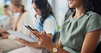 Woman, mobile and hands in seminar for business, workshop programme and notes app in row. Employee, phone and smile in company forum for development opportunity, upskill training and information