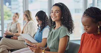 Buy stock photo Woman, portrait or phone in seminar for business, entrepreneur training or smile for opportunity. Empowerment, company founder or mobile in workshop for notes app, startup owner group or information 