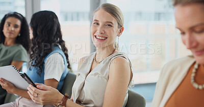 Buy stock photo Woman, phone and portrait in seminar for business, workshop programme and notes app in row. Employee, mobile and smile in company forum for development opportunity, upskill training and information