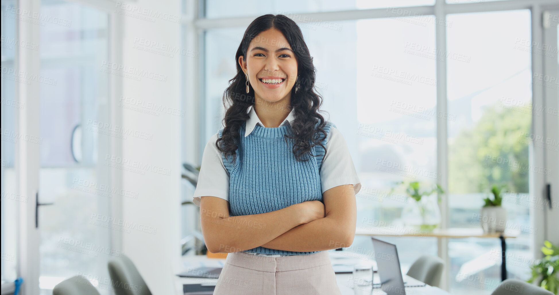 Buy stock photo Happy, crossed arms and portrait of businesswoman in office with confidence for finance career. Professional, smile and financial advisor with pride for about us or job opportunity in workplace.