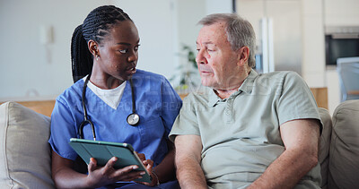 Buy stock photo Medical, tablet and nurse talking to old man in home living room for consulting or feedback. App, healthcare and support with caregiver speaking to senior patient in apartment to explain results