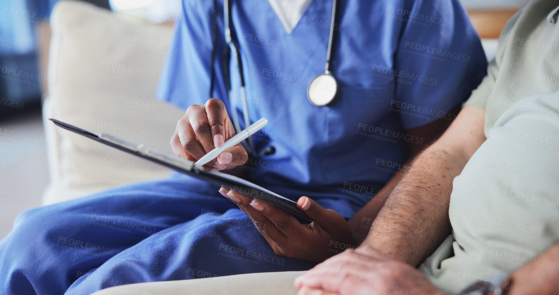Buy stock photo Clipboard, hands and nurse talking to old man in home living room for consulting or feedback. Conversation, medical support and report with caregiver explaining results to senior patient in apartment