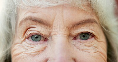 Buy stock photo Eyesight, optometry and face of senior woman with optical health, vision or glaucoma test. Serious, ophthalmology and portrait of elderly person in retirement with visual exam or cataract removal.