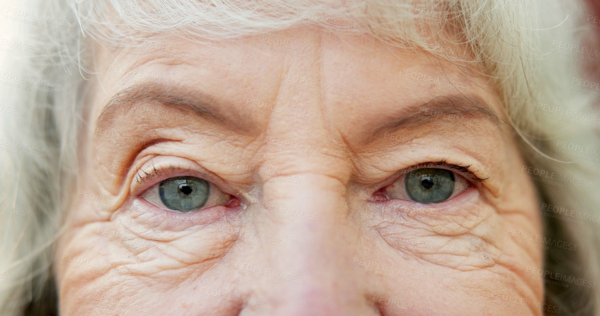 Buy stock photo Eyesight, optometry and face of senior woman with optical health, vision or glaucoma test. Serious, ophthalmology and portrait of elderly person in retirement with visual exam or cataract removal.