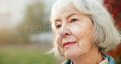 Buy stock photo Old woman, thinking and retirement reflection in nature with space, nostalgia and past perspective. Vision, mindset and female pensioner with memory, history and mindfulness with thoughts outdoor