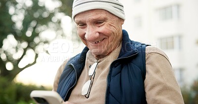 Buy stock photo Phone, happy and senior man outdoor with texting, chatting or online advice on pension. Reading, technology and elderly person on cellphone for retirement planning on mobile app in park on weekend.