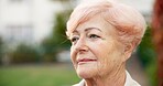Old woman, thinking and retirement reflection outdoor with space, nostalgia and past perspective. Vision, mindset and female pensioner with memory, history and mindfulness with thoughts in garden
