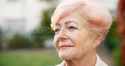 Buy stock photo Old woman, thinking and retirement reflection outdoor with space, nostalgia and past perspective. Vision, mindset and female pensioner with memory, history and mindfulness with thoughts in garden