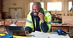 Architect, laptop and phone call with black man for communication, planning or woodwork. Happy, floor plan and technology for feedback, process and discussion for custom carpentry at warehouse