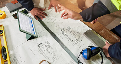 Buy stock photo Hands, team or floorplan with tablet screen for architecture, project costing or inventory control. Above, engineer people or blueprint with tech for stock pricing, design evaluation or brainstorming