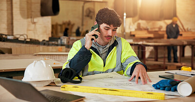 Buy stock photo Architect, blueprint and man on phone call for communication, planning and woodwork advice. Engineer, floor plan and technology for feedback, process and discussion for custom carpentry at warehouse