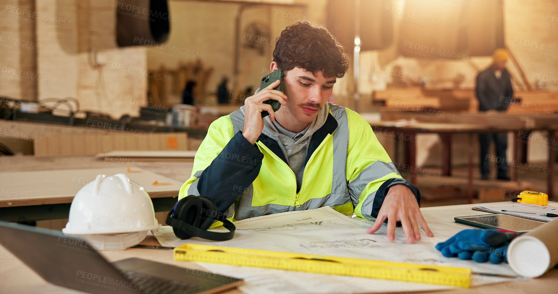 Buy stock photo Architect, blueprint and man on phone call for communication, planning and woodwork advice. Engineer, floor plan and technology for feedback, process and discussion for custom carpentry at warehouse