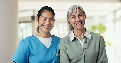 Buy stock photo Support, caregiver and portrait with old woman in house for assisted living, healthcare or happiness. Nurse, wellness and smile with people together for homecare, medical help and trust in retirement
