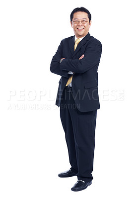 Buy stock photo Positive Asian executive stands with his arms crossed while isolated on white - Copyspace