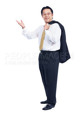 Buy stock photo Charming Asian executive presenting to you while isolated on white - Copyspace