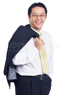 Buy stock photo Asian business executive looks at you confidently while isolated on a white background