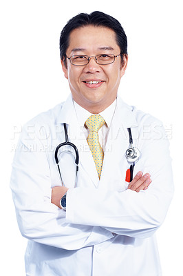 Buy stock photo Portrait of a young Asian general practitioner isolated on white