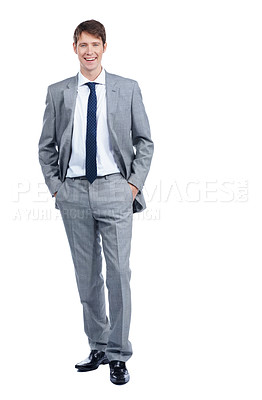 Buy stock photo Smart young representative looks at you confidently with his hands in his pockets - Isolated