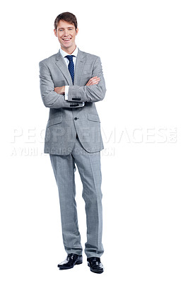 Buy stock photo Young male executive smiles at you confidently with his arms crossed - Isolated on white