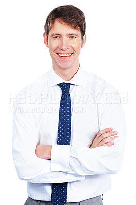 Buy stock photo Young employee stands confidently with his arms crossed