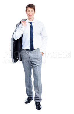 Buy stock photo Positive manager stands with his jacket over his shoulder - Isolated on white